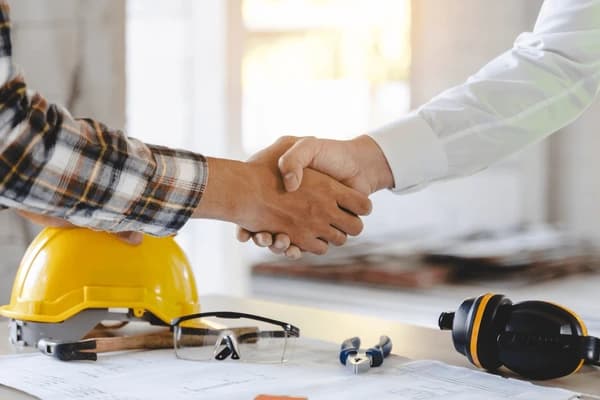 Construction worker shaking hands with client
